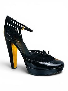 Gucci Frida Giannini Mirror Heel Cage Platform Pumps Black Patent IT 37.5C